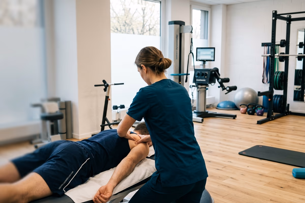 Kinésithérapeute effectuant un test isocinétique sur le genou d'un patient sportif en salle de rééducation